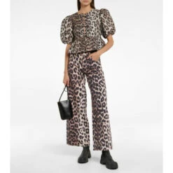 Ganni Leopard-print Jacquard Peplum Blouse