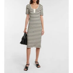 Ganni Striped Ribbed-knit Cotton-blend Midi Dress
